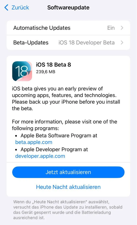 嵩明苹果手机维修分享苹果 iOS / iPadOS 18 开发者预览版 Beta 8 发布 